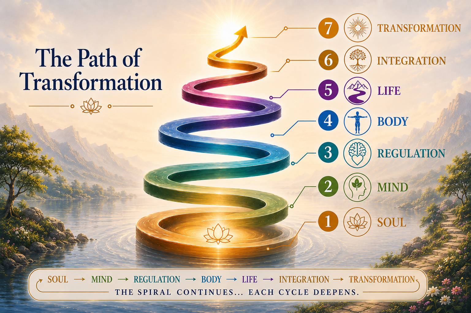 The Path of Transformation spiral: Soul • Mind • Regulation • Body • Life • Integration • Transformation
